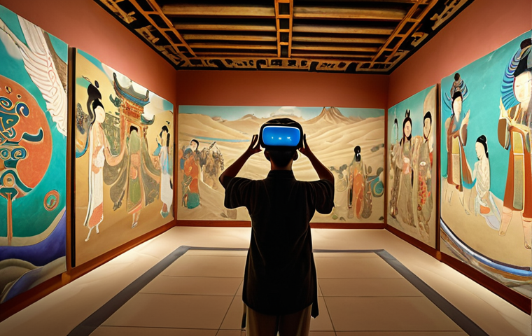 **

VR art gallery showcasing Dunhuang murals, immersive experience, interactive elements, user exploring with VR headset.

**