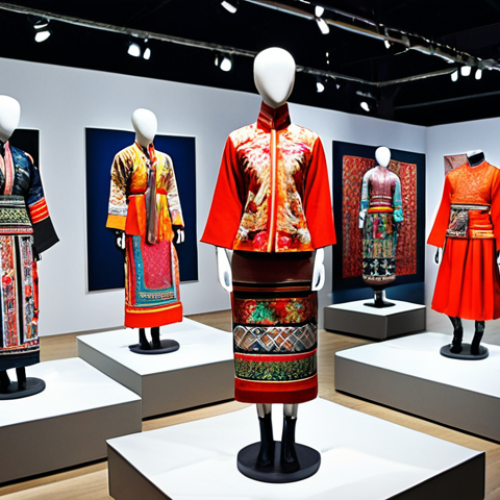 **

A vibrant, modern art exhibition featuring local cultural elements from Yunnan province, China. Incorporate ethnic patterns and textile techniques into contemporary fashion designs displayed on mannequins. Capture the lively atmosphere with diverse attendees admiring the fusion of tradition and modern art.

**