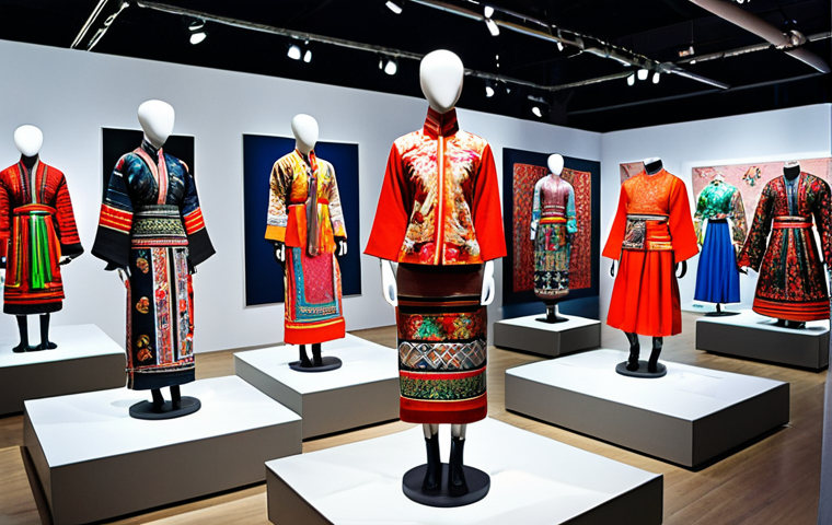 **

A vibrant, modern art exhibition featuring local cultural elements from Yunnan province, China. Incorporate ethnic patterns and textile techniques into contemporary fashion designs displayed on mannequins. Capture the lively atmosphere with diverse attendees admiring the fusion of tradition and modern art.

**