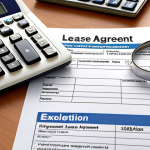 **

A cluttered office desk. Stacked documents with "Exhibition Lease Agreement" highlighted. A magnifying glass rests on the document. A calculator and worried-looking person visible in the background. The overall feeling is stressed and overworked, reflecting the need for careful contract review.

**