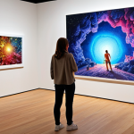 **

Art exhibition setup: Modern art, creative displays, engaging space design with lighting and color, visitors interacting.

**