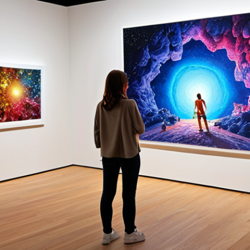 **

Art exhibition setup: Modern art, creative displays, engaging space design with lighting and color, visitors interacting.

**