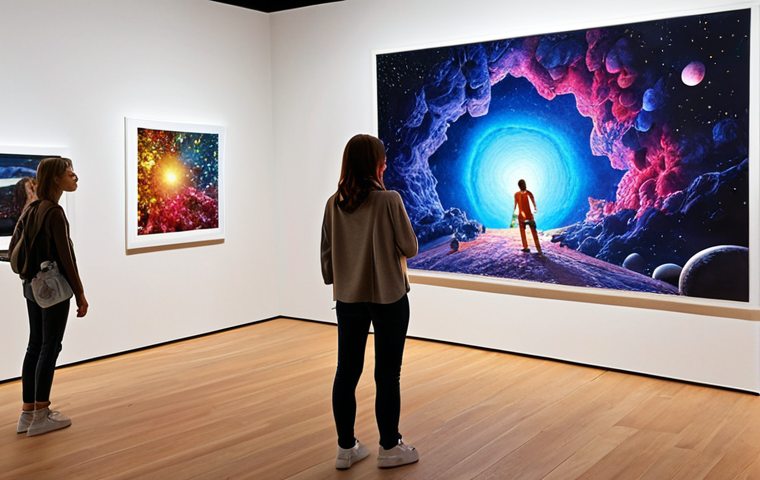 **

Art exhibition setup: Modern art, creative displays, engaging space design with lighting and color, visitors interacting.

**