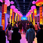 **

"A vibrant international art festival scene. Diverse crowds interact with modern art installations under colorful lights. Focus on cross-cultural exchange and the blending of different artistic styles. Include elements of local Chinese culture subtly integrated with global art trends."

**