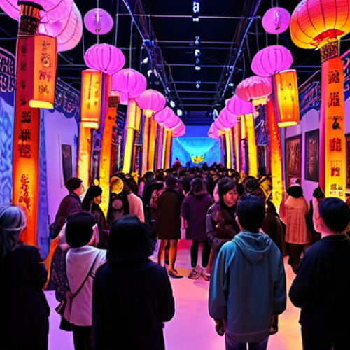 **

"A vibrant international art festival scene. Diverse crowds interact with modern art installations under colorful lights. Focus on cross-cultural exchange and the blending of different artistic styles. Include elements of local Chinese culture subtly integrated with global art trends."

**
