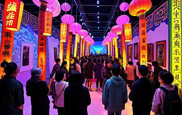 **

"A vibrant international art festival scene. Diverse crowds interact with modern art installations under colorful lights. Focus on cross-cultural exchange and the blending of different artistic styles. Include elements of local Chinese culture subtly integrated with global art trends."

**