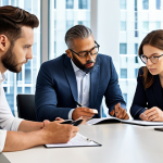 A diverse group of professional business individuals, including an art curator and a legal expert, engaged in a focused discussion around a large conference table in a sleek, modern boardroom. They are reviewing detailed contract documents and digital tablets, ensuring precision and clarity in the clauses. The atmosphere is collaborative and professional. Fully clothed, appropriate attire, professional dress, modest clothing. Safe for work, appropriate content. Perfect anatomy, correct proportions, natural pose, well-formed hands, proper finger count, natural body proportions. Professional photography, high resolution.