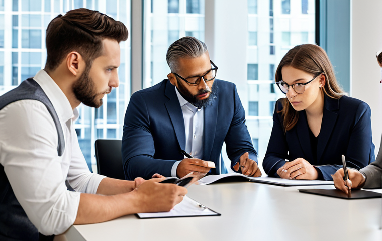 A diverse group of professional business individuals, including an art curator and a legal expert, engaged in a focused discussion around a large conference table in a sleek, modern boardroom. They are reviewing detailed contract documents and digital tablets, ensuring precision and clarity in the clauses. The atmosphere is collaborative and professional. Fully clothed, appropriate attire, professional dress, modest clothing. Safe for work, appropriate content. Perfect anatomy, correct proportions, natural pose, well-formed hands, proper finger count, natural body proportions. Professional photography, high resolution.