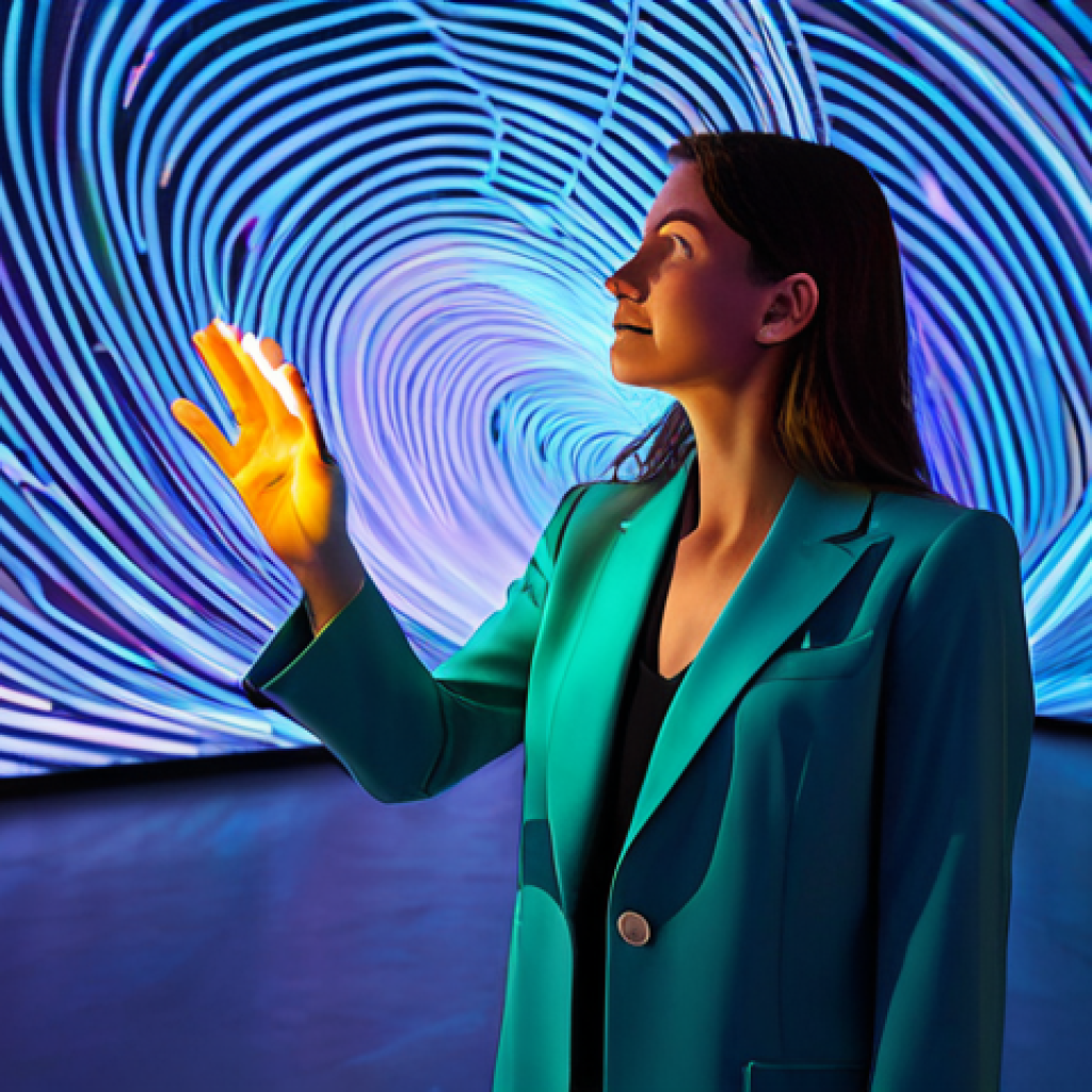 A professional female art curator in a stylish yet modest pantsuit, standing in a cutting-edge immersive digital art exhibition space. Holographic projections of swirling light and vibrant colors, inspired by classical music, surround her, creating a seamless blend of sound and vision. She is reaching out, her hand gently interacting with a glowing, ethereal art installation, captivated by the experience. The environment is futuristic, clean, and bathed in soft, dynamic illumination. safe for work, appropriate content, fully clothed, professional dress, perfect anatomy, correct proportions, natural pose, well-formed hands, proper finger count, natural body proportions, professional photography, high quality, realistic.