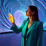 A professional female art curator in a stylish yet modest pantsuit, standing in a cutting-edge immersive digital art exhibition space. Holographic projections of swirling light and vibrant colors, inspired by classical music, surround her, creating a seamless blend of sound and vision. She is reaching out, her hand gently interacting with a glowing, ethereal art installation, captivated by the experience. The environment is futuristic, clean, and bathed in soft, dynamic illumination. safe for work, appropriate content, fully clothed, professional dress, perfect anatomy, correct proportions, natural pose, well-formed hands, proper finger count, natural body proportions, professional photography, high quality, realistic.