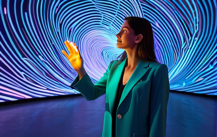 A professional female art curator in a stylish yet modest pantsuit, standing in a cutting-edge immersive digital art exhibition space. Holographic projections of swirling light and vibrant colors, inspired by classical music, surround her, creating a seamless blend of sound and vision. She is reaching out, her hand gently interacting with a glowing, ethereal art installation, captivated by the experience. The environment is futuristic, clean, and bathed in soft, dynamic illumination. safe for work, appropriate content, fully clothed, professional dress, perfect anatomy, correct proportions, natural pose, well-formed hands, proper finger count, natural body proportions, professional photography, high quality, realistic.