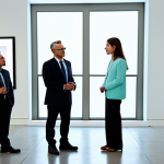 **

A diverse group of art professionals discussing ethical considerations in a modern art gallery. The gallery features socially conscious artwork displayed in a brightly lit, contemporary space. People are in professional dress, fully clothed, appropriate attire, safe for work, perfect anatomy, natural proportions, family-friendly, professional photography, high quality.

**