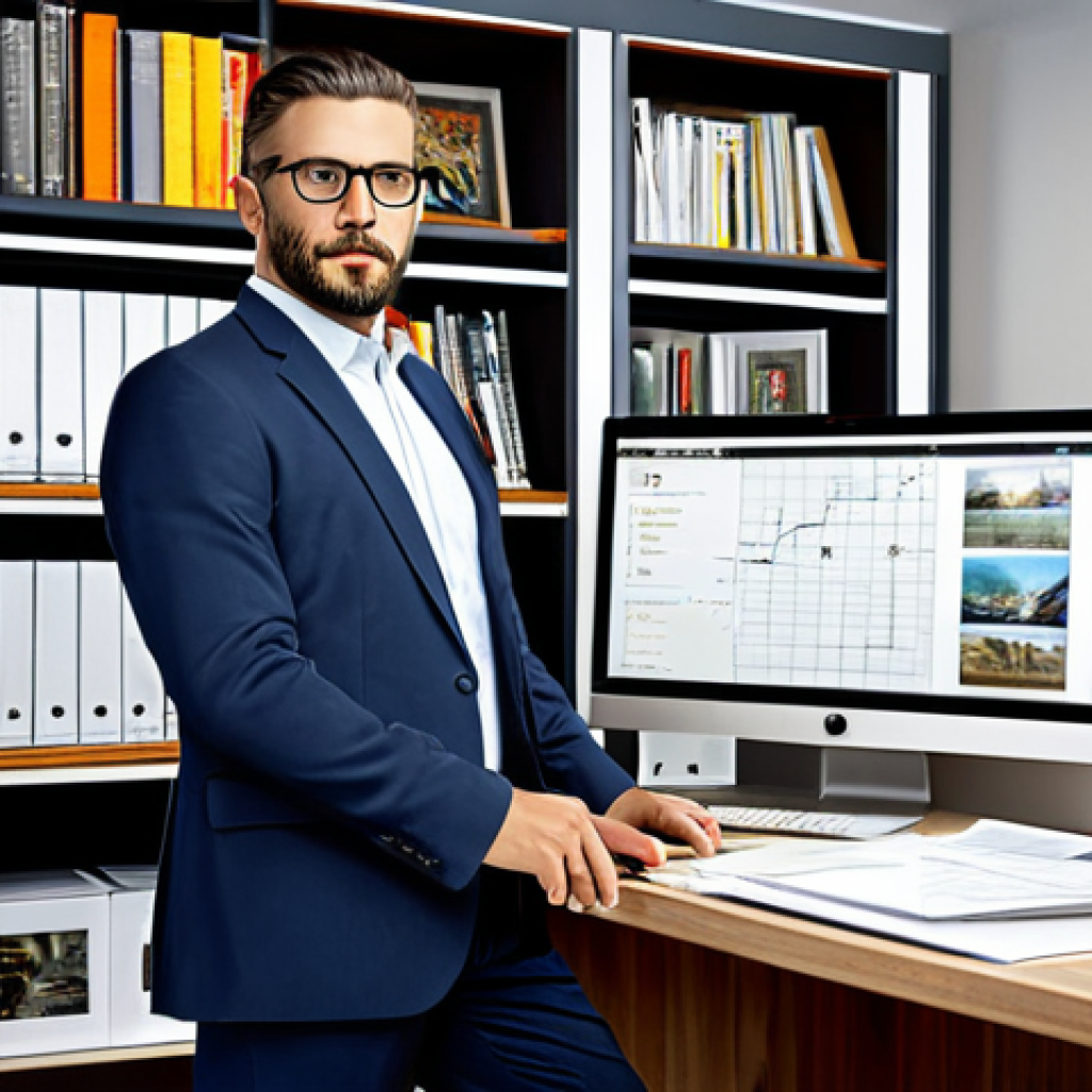 "A professional art gallery planner in a modern office, fully clothed in appropriate business attire, reviewing documents. Background includes shelves with art books and a computer monitor displaying a project plan. Perfect anatomy, correct proportions, natural pose, safe for work, appropriate content, professional."
