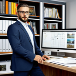 "A professional art gallery planner in a modern office, fully clothed in appropriate business attire, reviewing documents. Background includes shelves with art books and a computer monitor displaying a project plan. Perfect anatomy, correct proportions, natural pose, safe for work, appropriate content, professional."