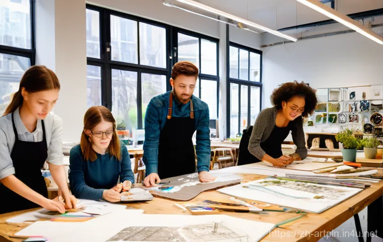 미술문화기획사 실무 교육 프로그램 추천 - **"A group of diverse young art curators and creators, dressed in stylish casual attire, actively co...