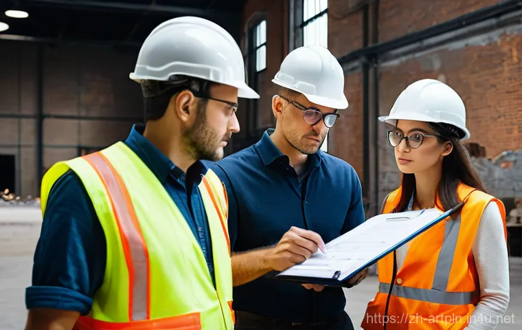 미술문화기획사의 주요 직업적 위험 관리 - **Prompt:** A diverse project management team, dressed in professional yet practical attire includin...