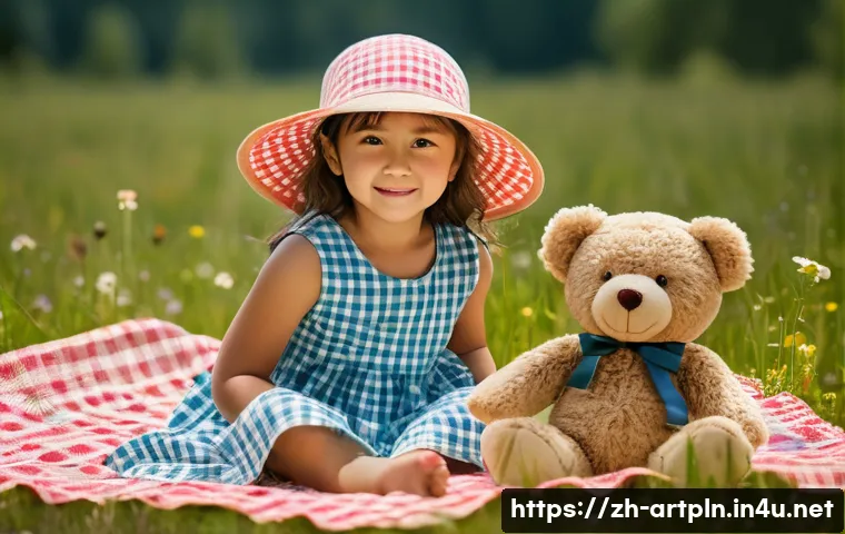 미술문화기획사와 문화재 복원 직군의 연계성 - **Prompt:** "A young girl, around 7 years old, wearing a colorful sundress and a sun hat, is sitting...