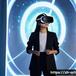 미술문화기획사의 경력 전환 성공 전략 - **Digital Art Visionary:** A young, determined East Asian woman, dressed in a chic, modest blazer an...