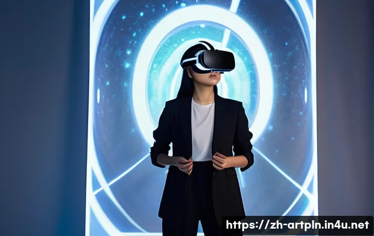 미술문화기획사의 경력 전환 성공 전략 - **Digital Art Visionary:** A young, determined East Asian woman, dressed in a chic, modest blazer an...