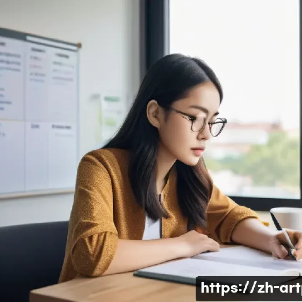 미술문화기획사의 자격 시험 전략 수립 - A focused young Asian adult woman studying at a modern desk in a bright, minimalist room, surrounded...