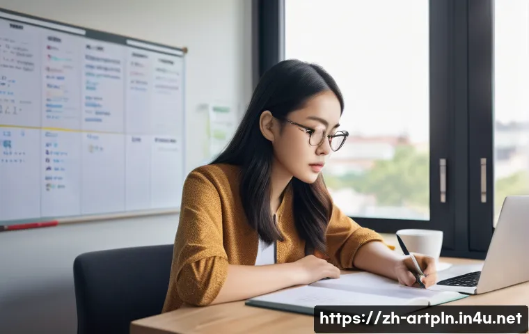 미술문화기획사의 자격 시험 전략 수립 - A focused young Asian adult woman studying at a modern desk in a bright, minimalist room, surrounded...