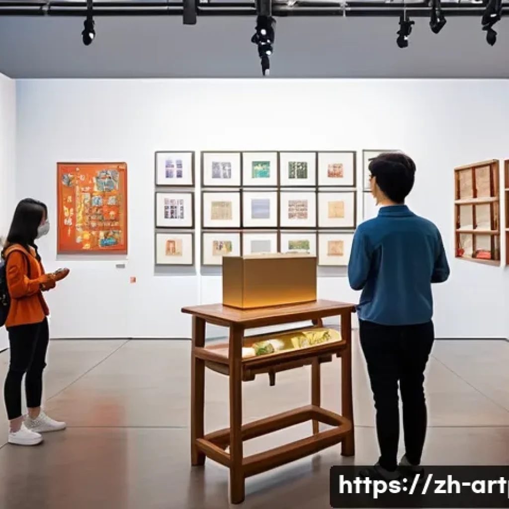 미술문화기획사의 대표적인 실패 사례 - A modern cultural exhibition scene inside a spacious gallery featuring diverse visitors including fa...