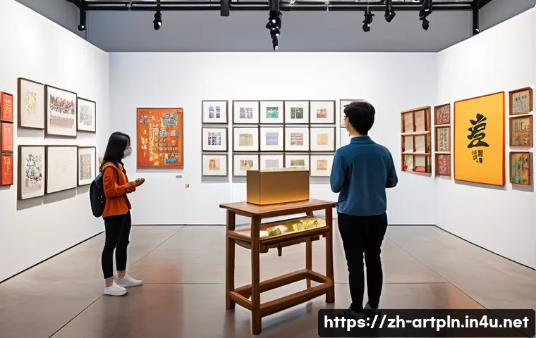 미술문화기획사의 대표적인 실패 사례 - A modern cultural exhibition scene inside a spacious gallery featuring diverse visitors including fa...