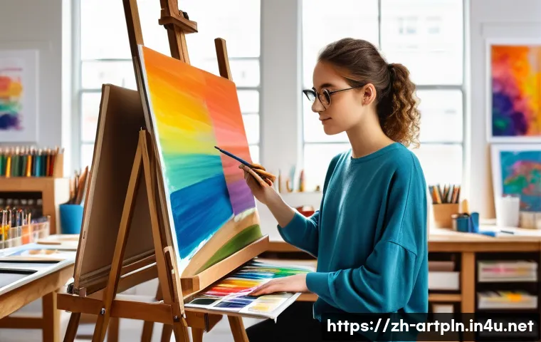 미술문화기획사의 실기 대비 교재 추천 - A modern art classroom scene showing a young adult student wearing casual clothing, focused on a col...