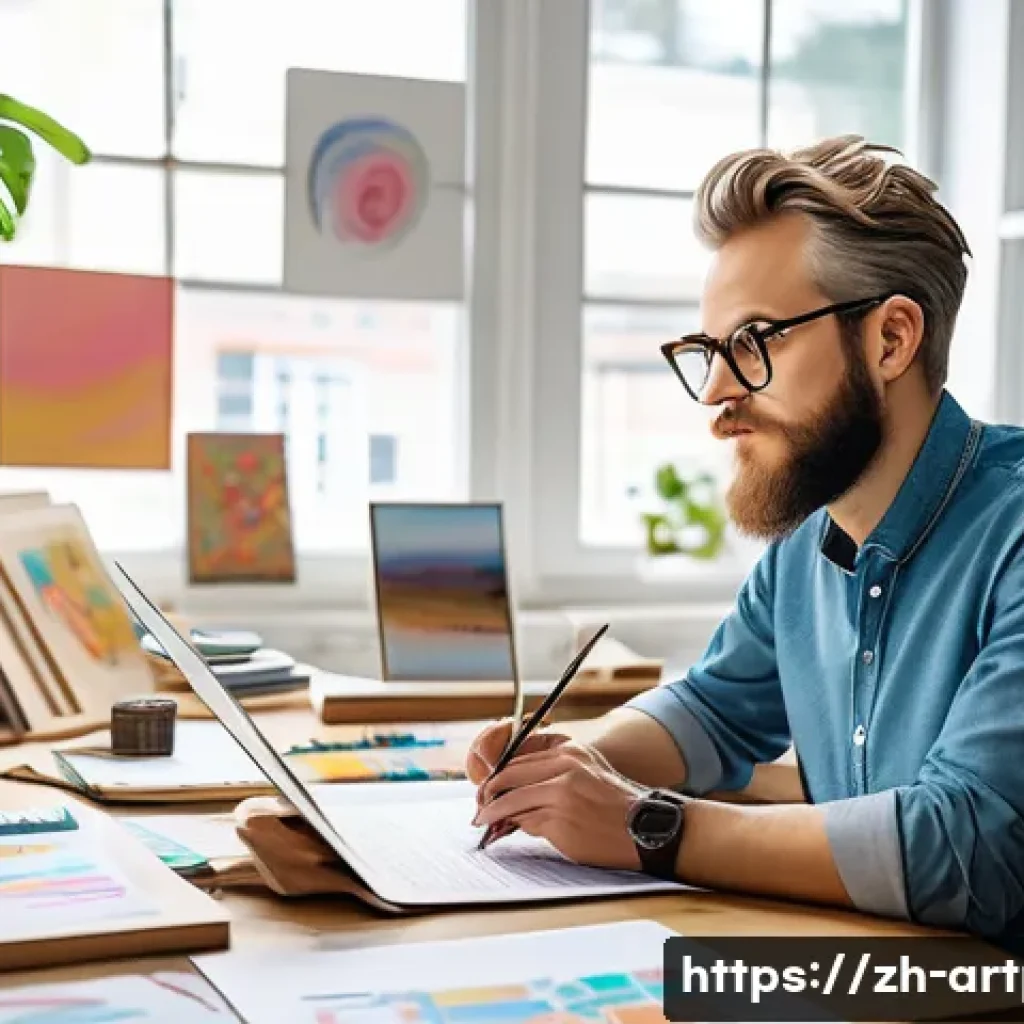 미술문화기획사의 자격 시험 필수 자료 분석 - A modern art cultural planner at work in a bright, spacious studio filled with colorful paintings an...