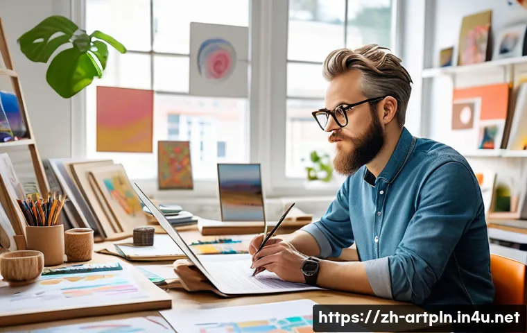 미술문화기획사의 자격 시험 필수 자료 분석 - A modern art cultural planner at work in a bright, spacious studio filled with colorful paintings an...