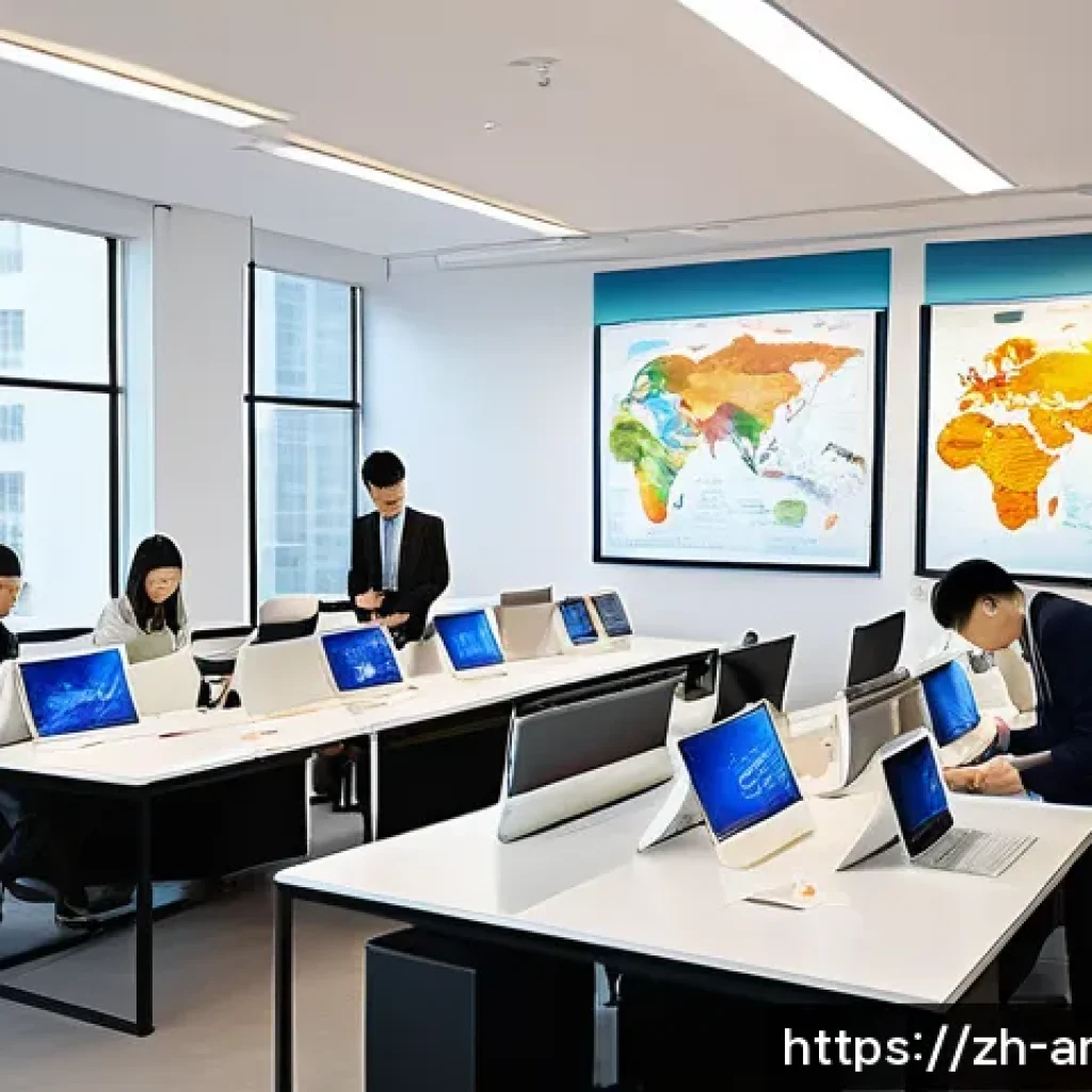 미술문화기획사의 해외 자격증 취득 사례 - A modern, sleek art planning office interior with a diverse professional team collaborating over int...