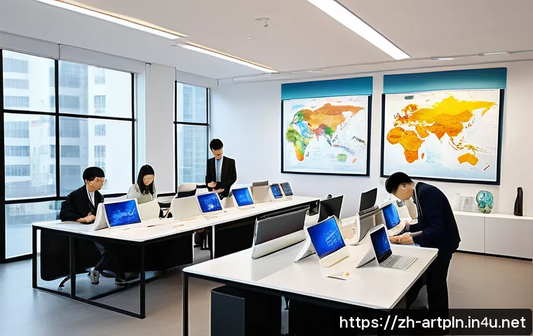 미술문화기획사의 해외 자격증 취득 사례 - A modern, sleek art planning office interior with a diverse professional team collaborating over int...
