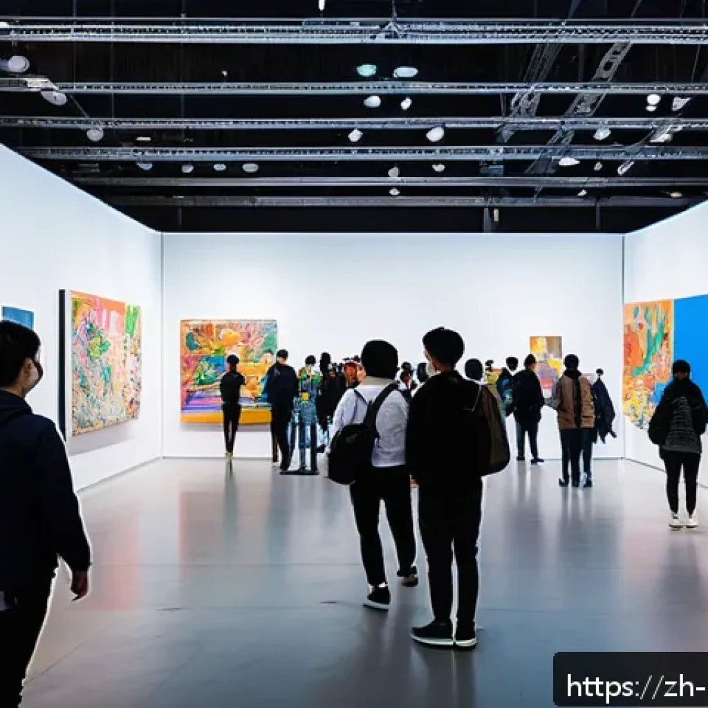 미술문화기획사의 주요 연간 행사 일정 - A vibrant international art festival scene in a large modern exhibition hall, showcasing diverse art...