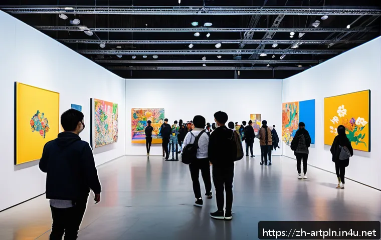 미술문화기획사의 주요 연간 행사 일정 - A vibrant international art festival scene in a large modern exhibition hall, showcasing diverse art...