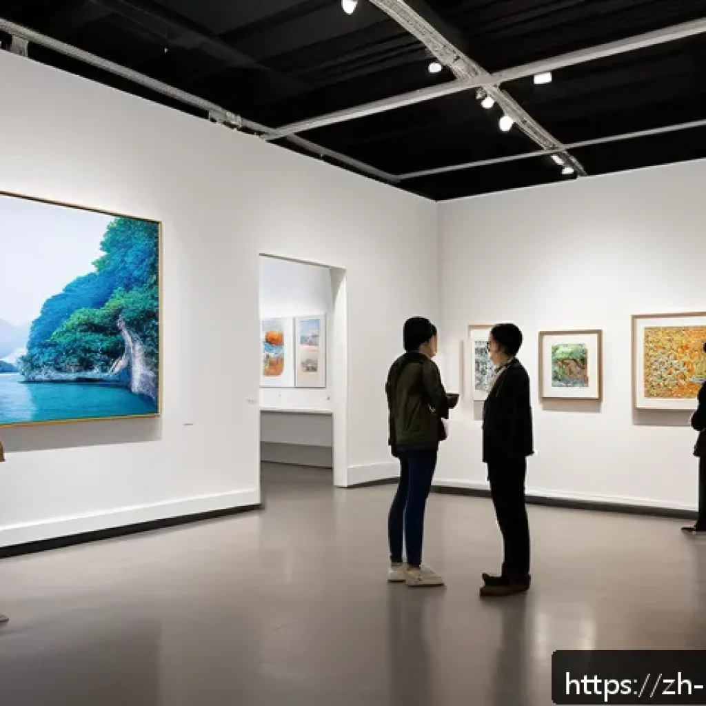 미술문화기획사의 국제적 인증 취득 과정 - A sophisticated international art exhibition scene set in a modern gallery space, showcasing diverse...