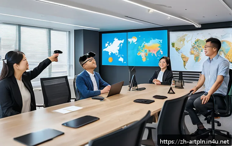 미술문화기획사의 해외 취업 가능성 - A professional multicultural art event planning team collaborating in a modern office with digital t...