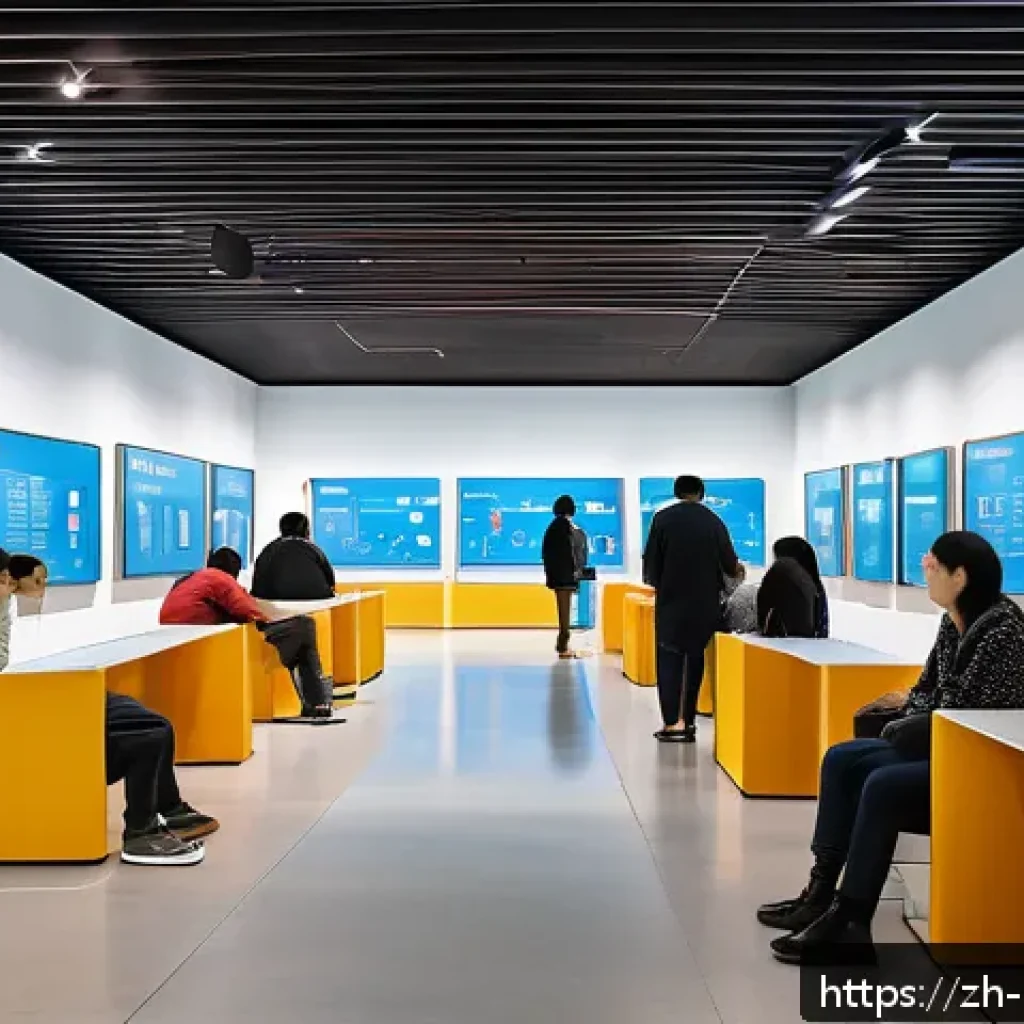 미술문화기획사의 전시회 현장 관리 노하우 - A bustling modern exhibition hall with clearly marked entrances and exits, wide and spacious corrido...