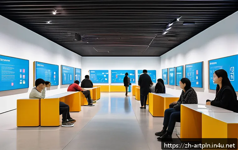미술문화기획사의 전시회 현장 관리 노하우 - A bustling modern exhibition hall with clearly marked entrances and exits, wide and spacious corrido...