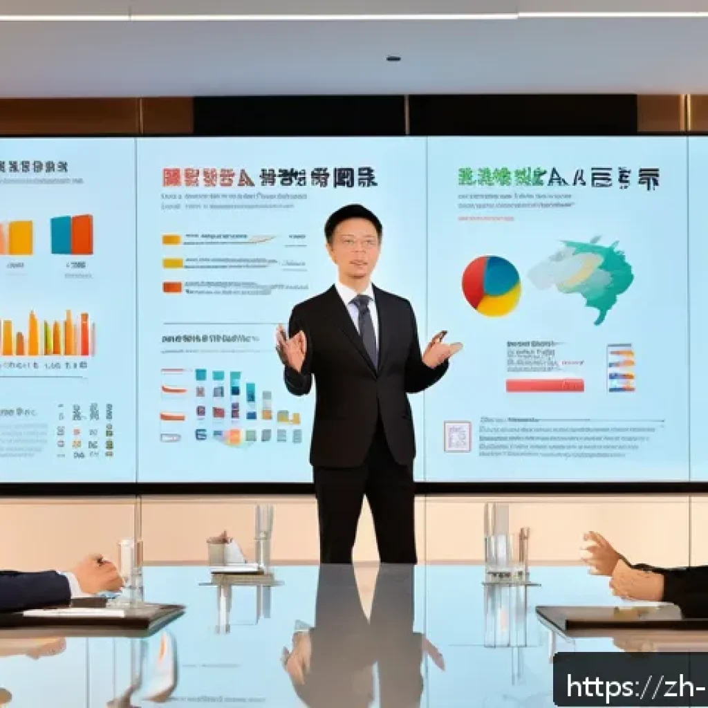 미술문화기획사의 프레젠테이션 기술 - A modern, sleek conference room scene with a professional presenter standing confidently next to a l...