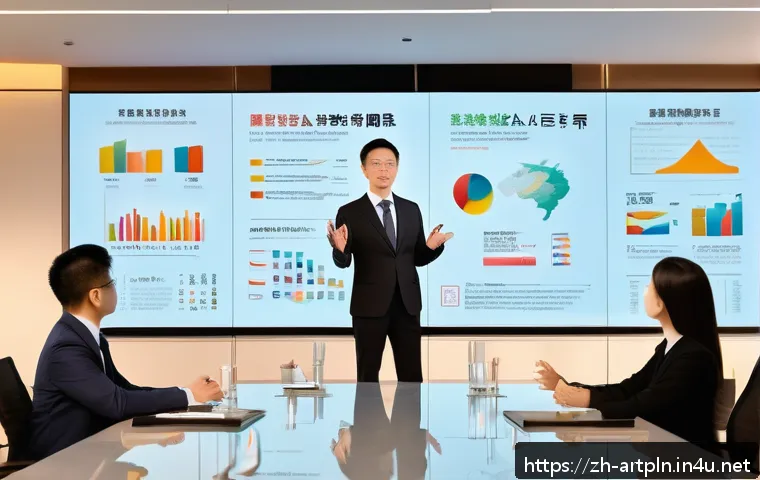 미술문화기획사의 프레젠테이션 기술 - A modern, sleek conference room scene with a professional presenter standing confidently next to a l...