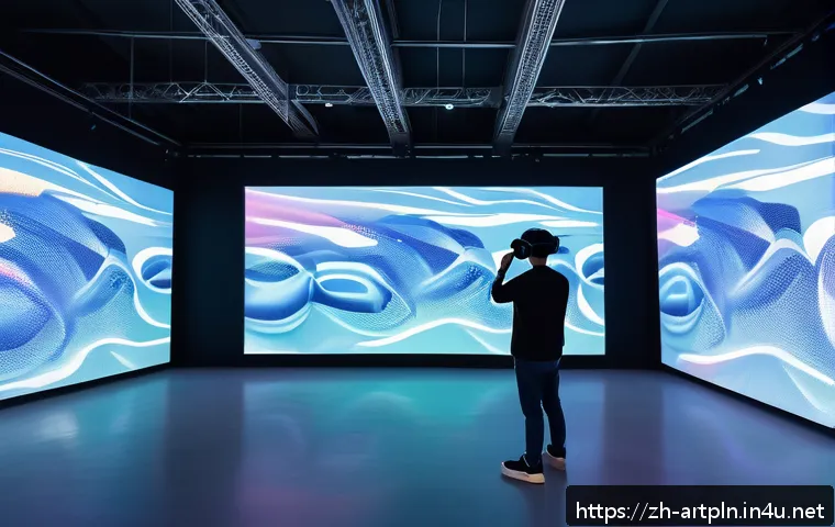 미술문화기획사의 글로벌 트렌드 분석 - A futuristic art exhibition scene inside a spacious, modern gallery featuring diverse visitors weari...