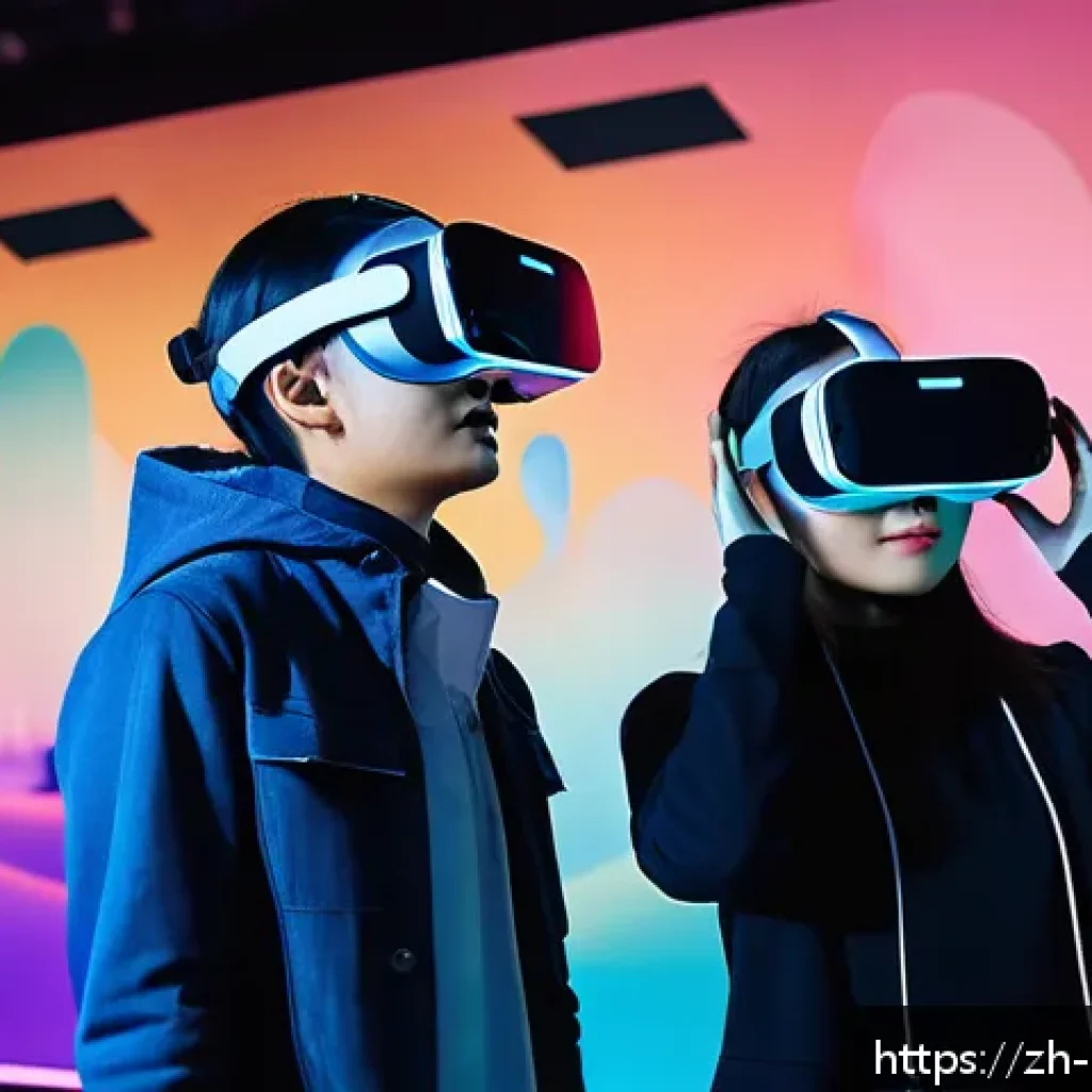 미술문화기획사의 최신 기술 활용 사례 - A futuristic cultural exhibition scene featuring visitors wearing VR headsets immersed in a vibrant ...
