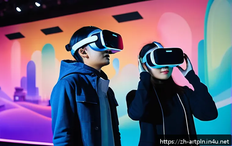 미술문화기획사의 최신 기술 활용 사례 - A futuristic cultural exhibition scene featuring visitors wearing VR headsets immersed in a vibrant ...