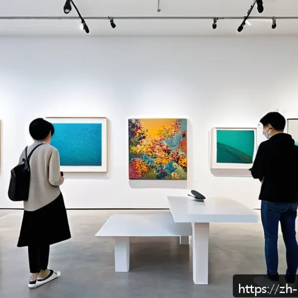 미술문화기획사 입문자를 위한 가이드 - A modern contemporary art exhibition scene inside a spacious gallery with minimalist white walls and...