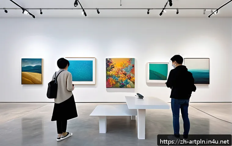 미술문화기획사 입문자를 위한 가이드 - A modern contemporary art exhibition scene inside a spacious gallery with minimalist white walls and...