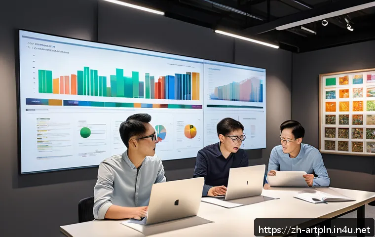 미술문화기획사의 프로젝트 평가 보고서 작성법 - A modern office scene depicting a diverse creative team collaborating on an art culture project eval...