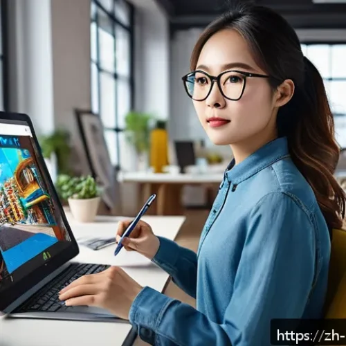 미술문화기획사 채용 공고 트렌드 분석 - A modern digital art studio scene showcasing a young professional female visual designer wearing sty...