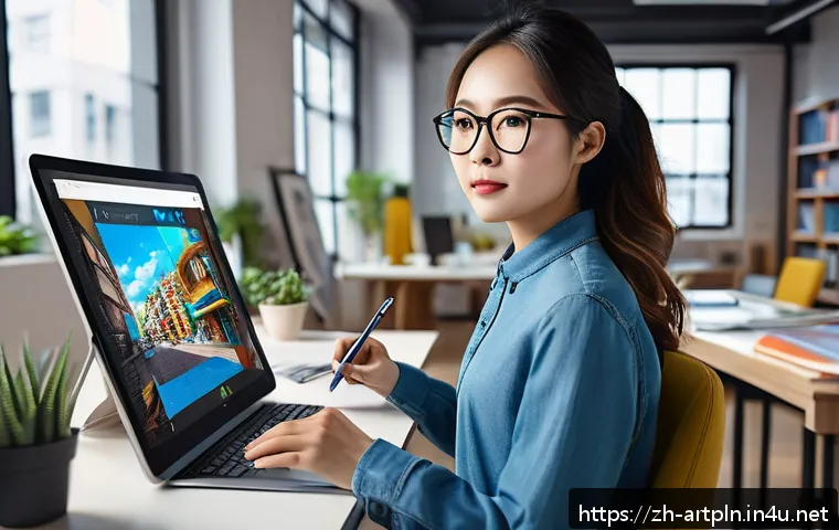 미술문화기획사 채용 공고 트렌드 분석 - A modern digital art studio scene showcasing a young professional female visual designer wearing sty...