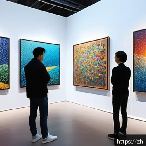 미술문화기획사로서의 직무 가치관 - A modern art exhibition hall interior, showcasing contemporary abstract paintings with vibrant color...