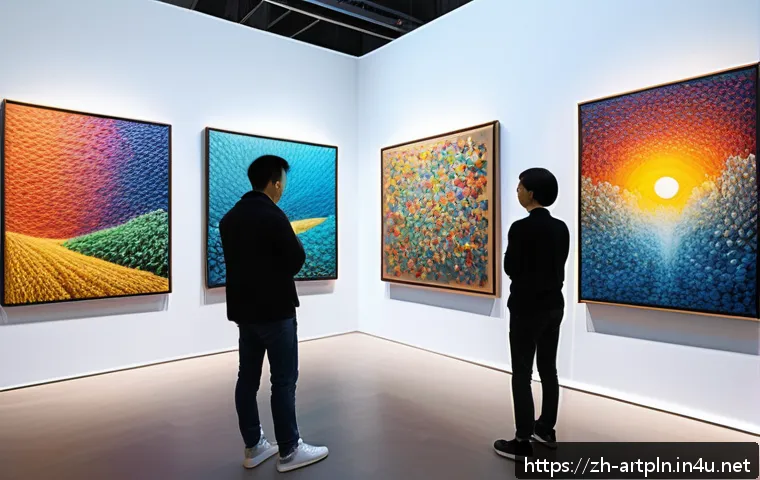 미술문화기획사로서의 직무 가치관 - A modern art exhibition hall interior, showcasing contemporary abstract paintings with vibrant color...